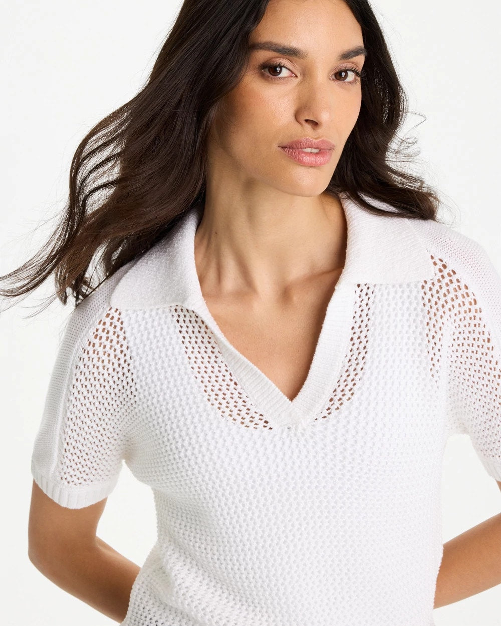 Chico's Sequin Pointelle Pullover Polo Sweater