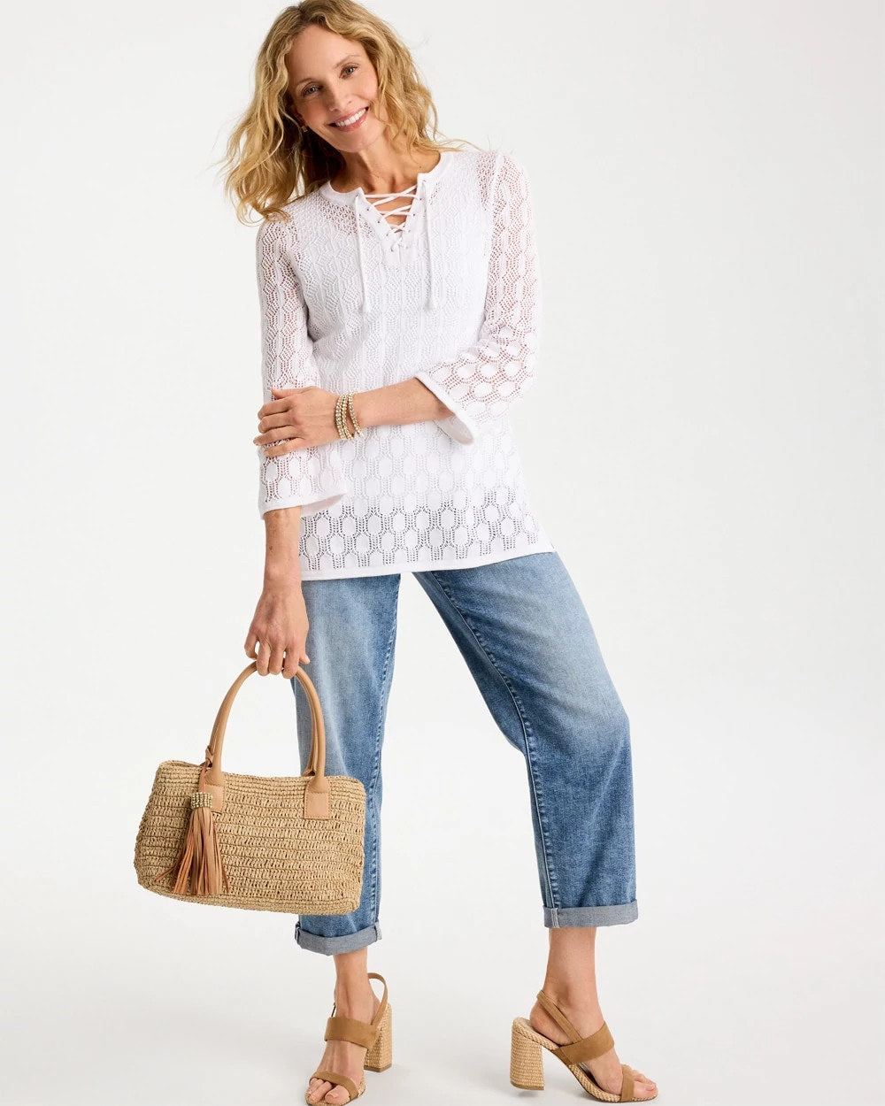 Chico's Cotton-Linen Lace Notch-Neck Sweater