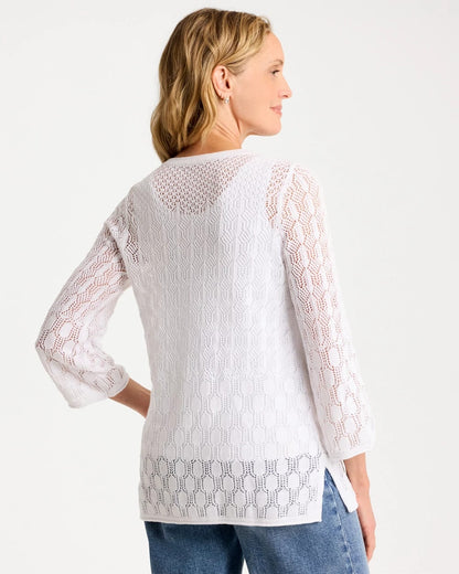 Chico's Cotton-Linen Lace Notch-Neck Sweater