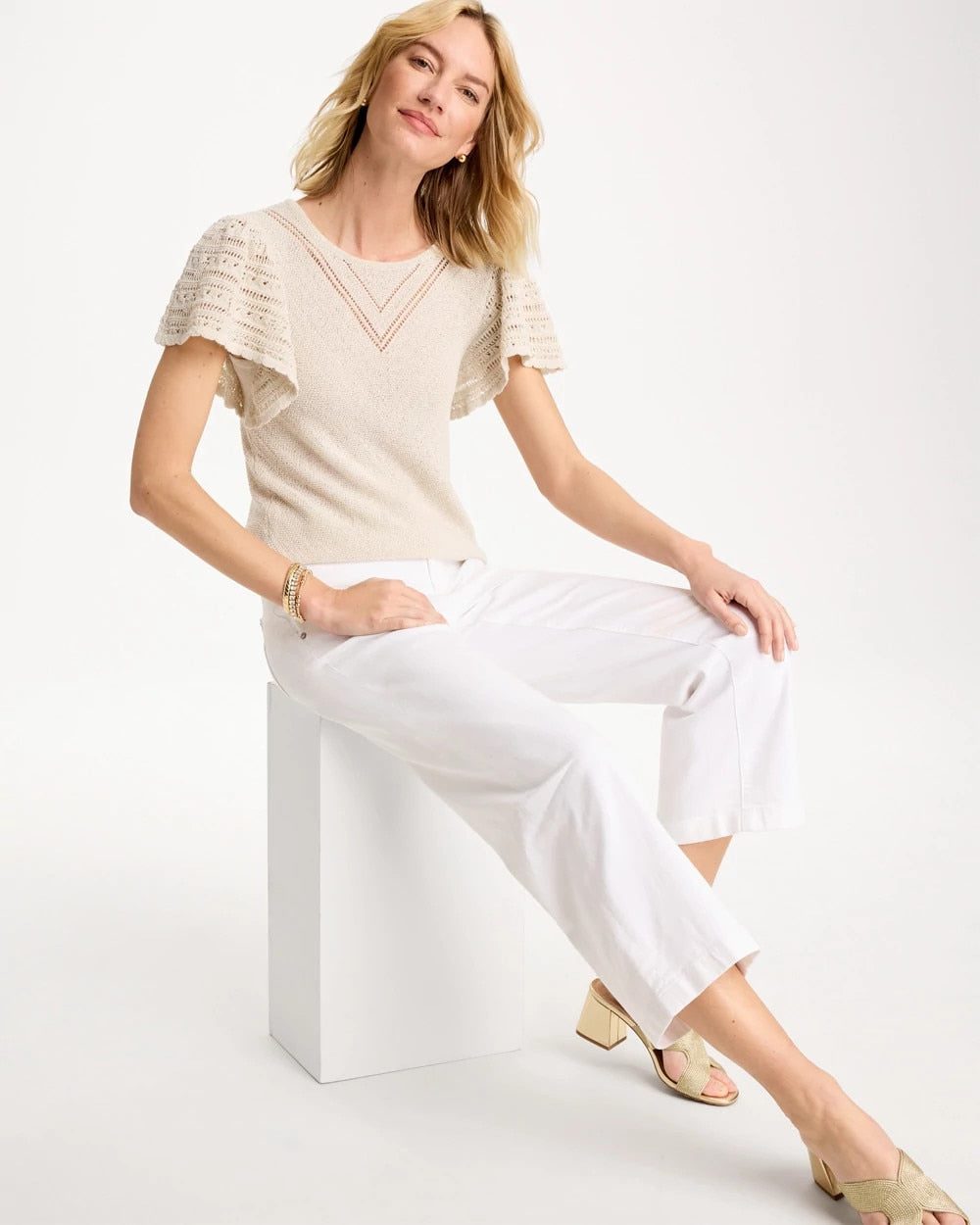 Chico's Pointelle Metallic Flutter-Sleeve Pullover