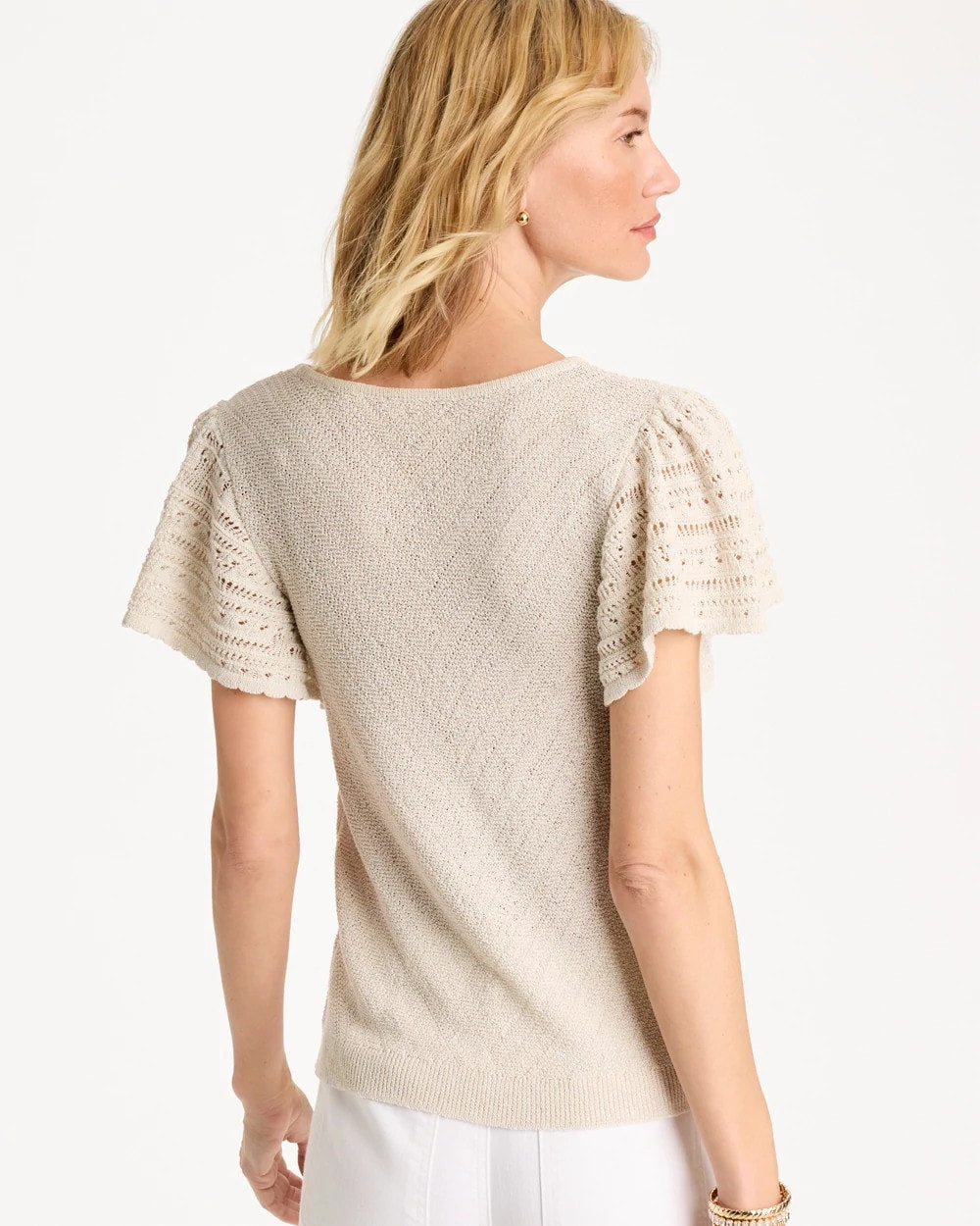 Chico's Pointelle Metallic Flutter-Sleeve Pullover