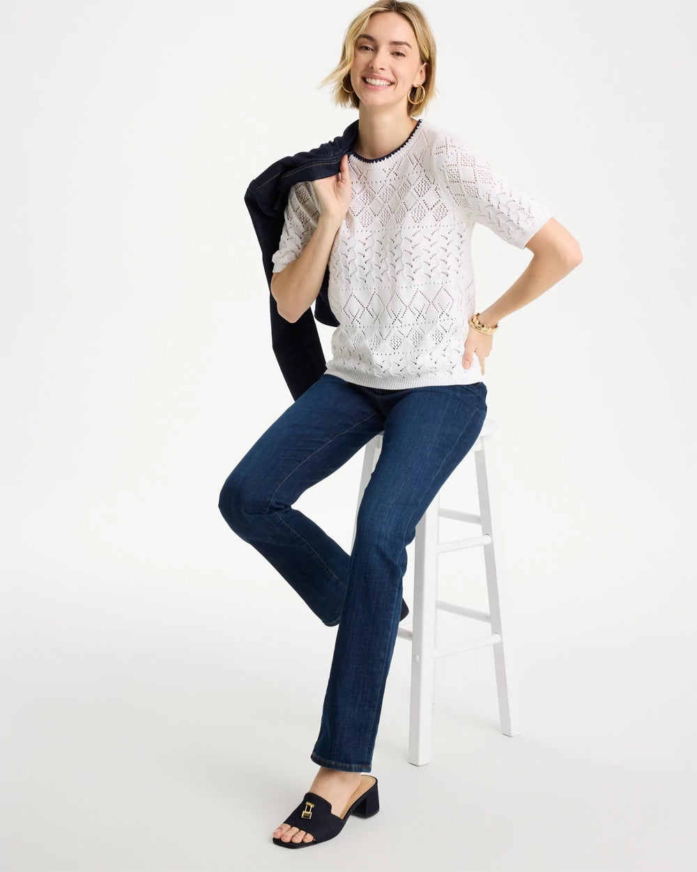 Chico's Pointelle Blanket-Stitch Pullover Sweater