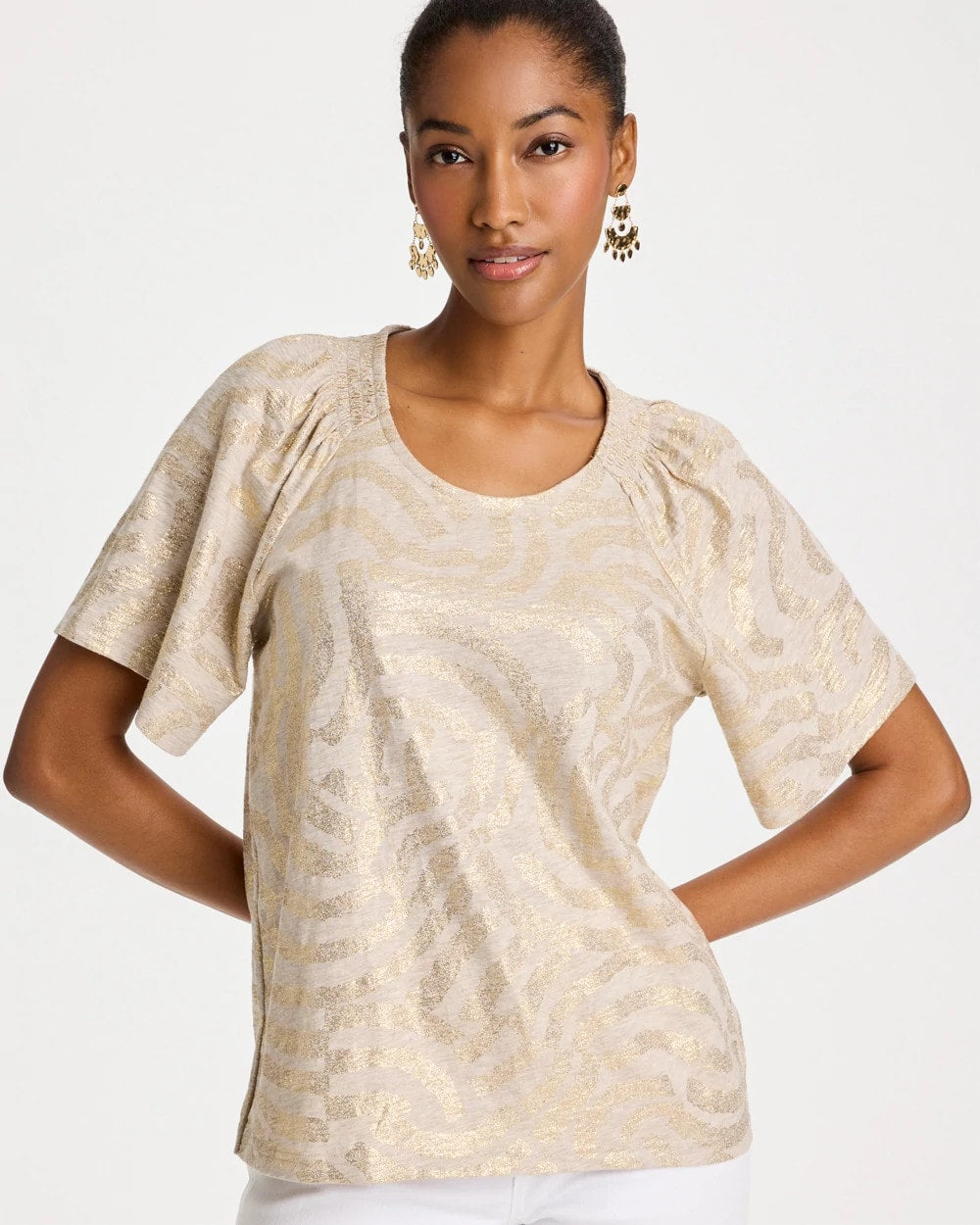 Chico's Cotton Foiled Shirred Tee