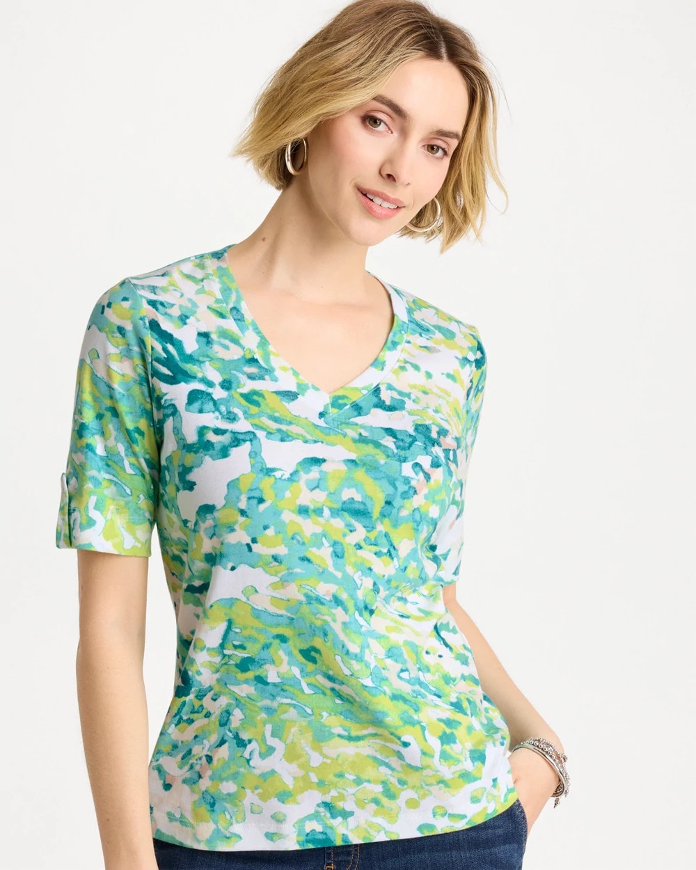 Chico's Pima Printed Elbow Sleeve Tee