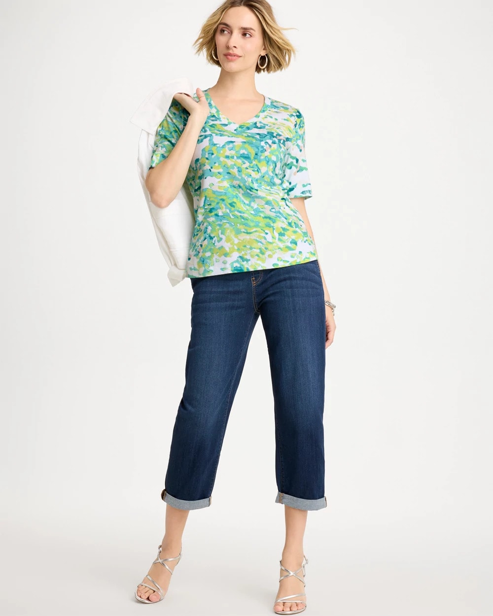 Chico's Pima Printed Elbow Sleeve Tee