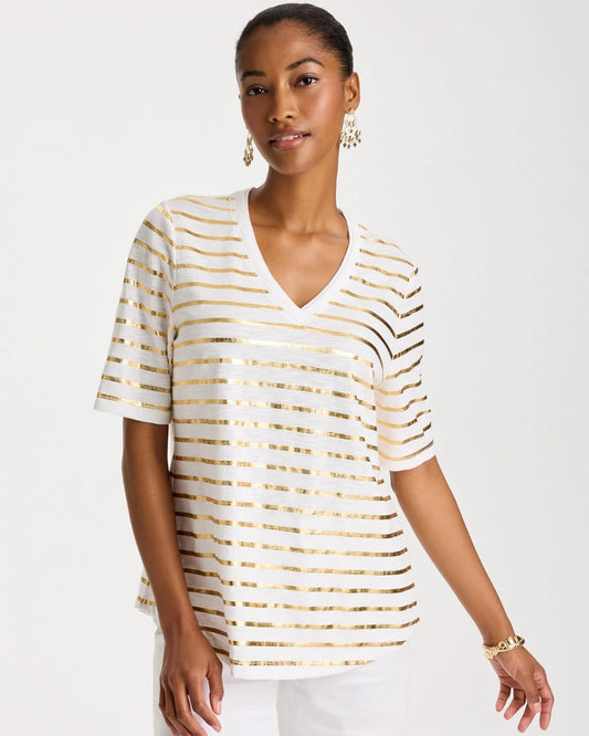 Chico's Striped Cotton Slub V-Neck Tee