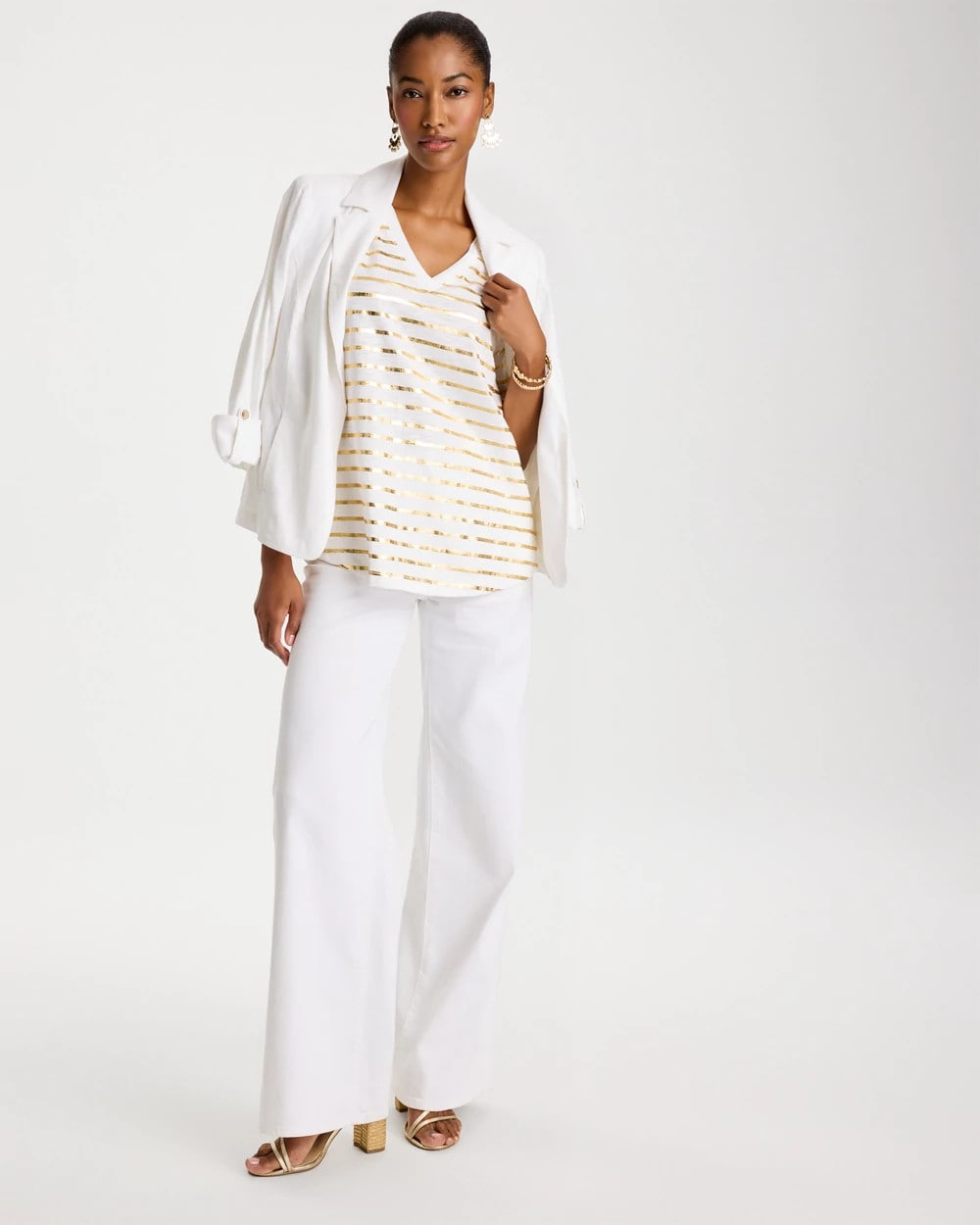 Chico's Striped Cotton Slub V-Neck Tee