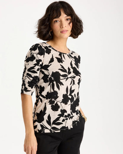 Chico's Flora Linen Ruched Sleeve Tee