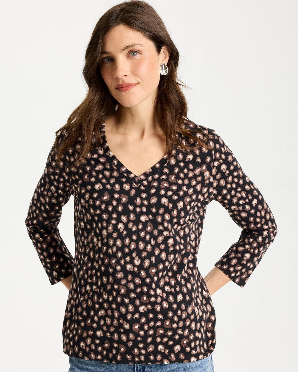 Chico's Cotton Stretch 3/4 Sleeve Polka Dot Tee