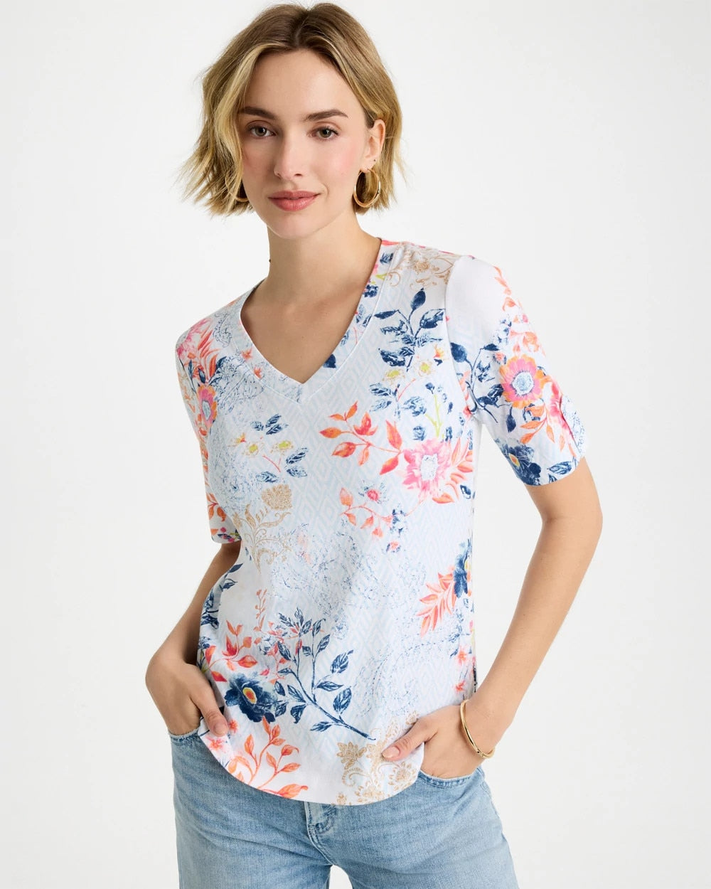 Chico's Pima Floral Elbow Sleeve Tee