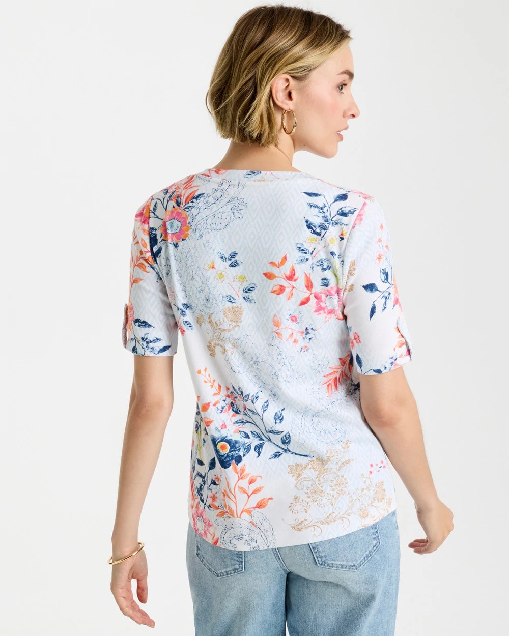 Chico's Pima Floral Elbow Sleeve Tee