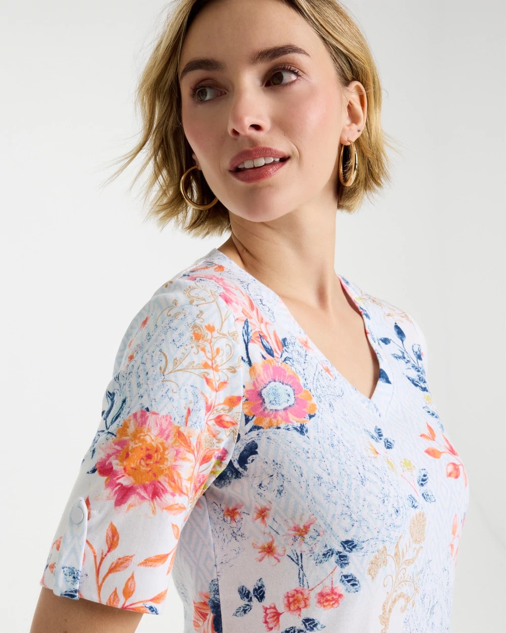 Chico's Pima Floral Elbow Sleeve Tee