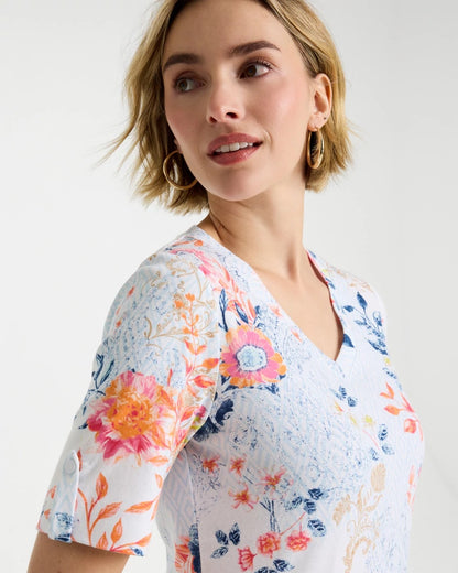 Chico's Pima Floral Elbow Sleeve Tee