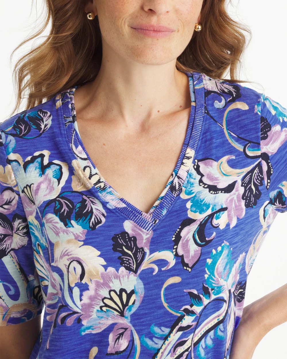 Chico's Paisley Cotton Slub V-Neck Tee