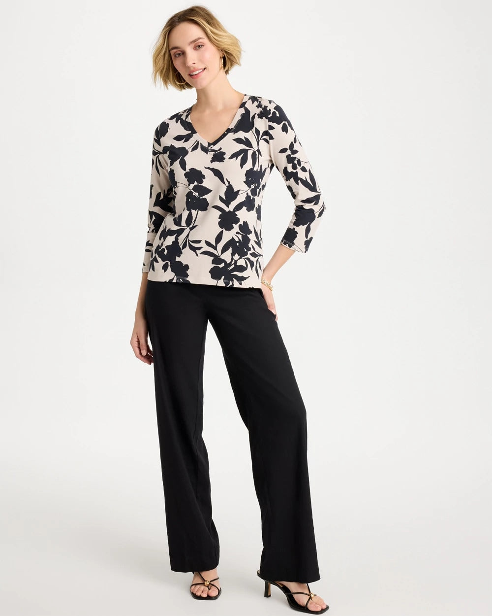Chico's Cotton Stretch 3/4 Sleeve Floral Tee