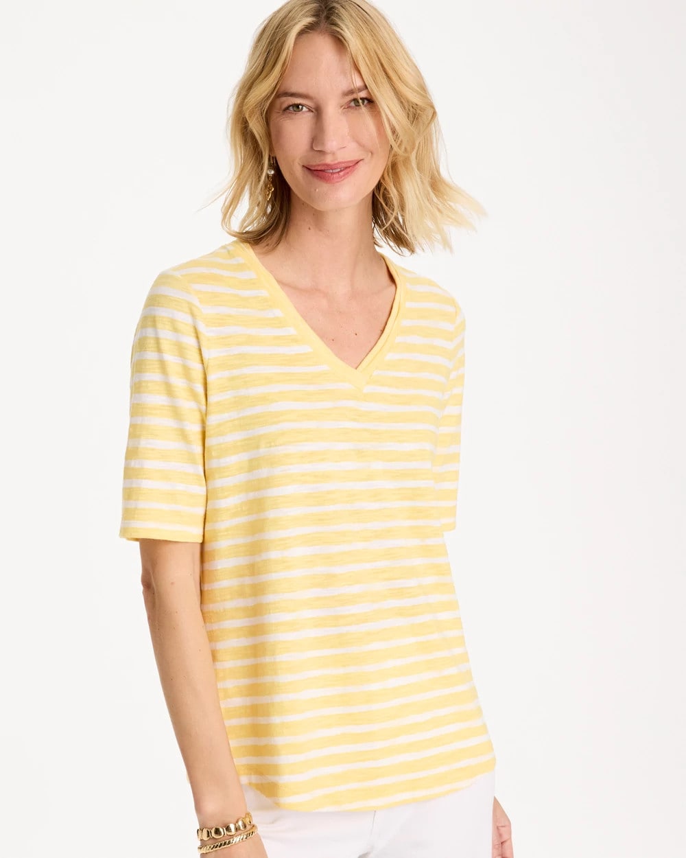 Chico's Striped Cotton Slub V-Neck Tee
