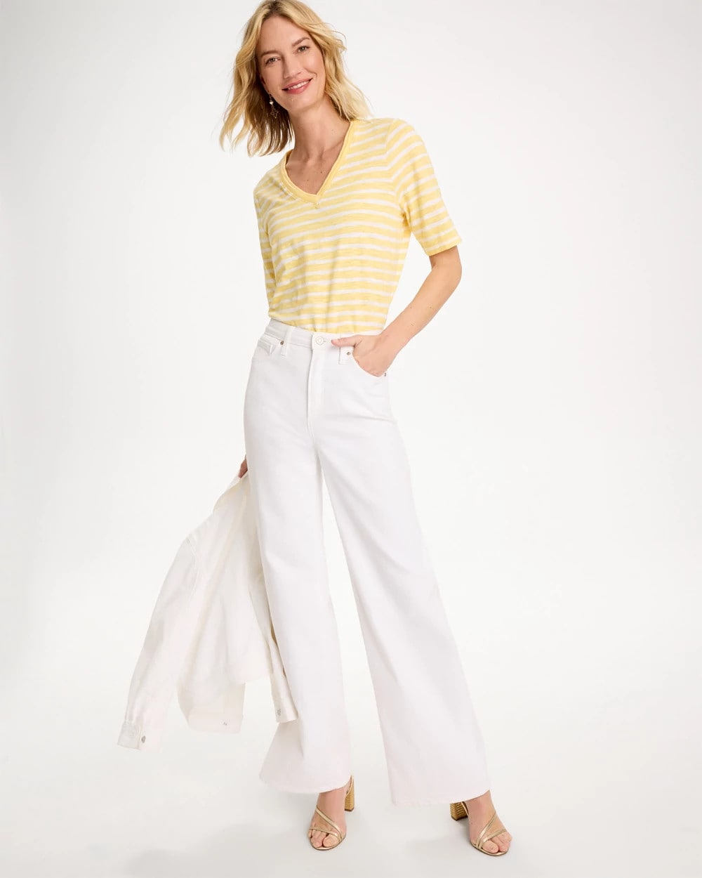 Chico's Striped Cotton Slub V-Neck Tee