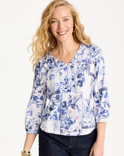 Chico's Elle Puff Sleeve Cotton Slub Henley Tee