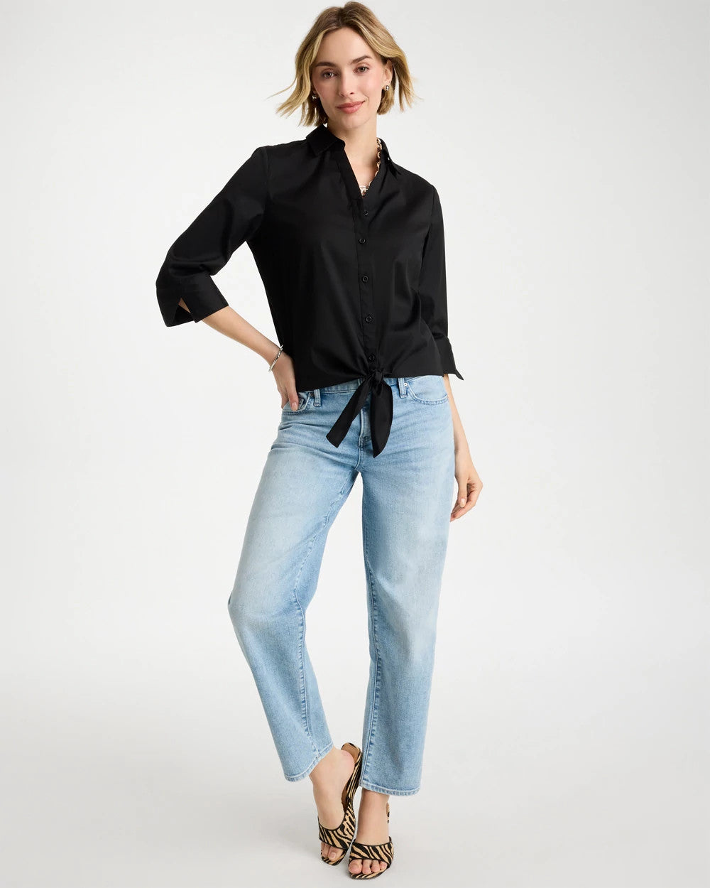 Chico's Poplin Cotton Tie-Front Top