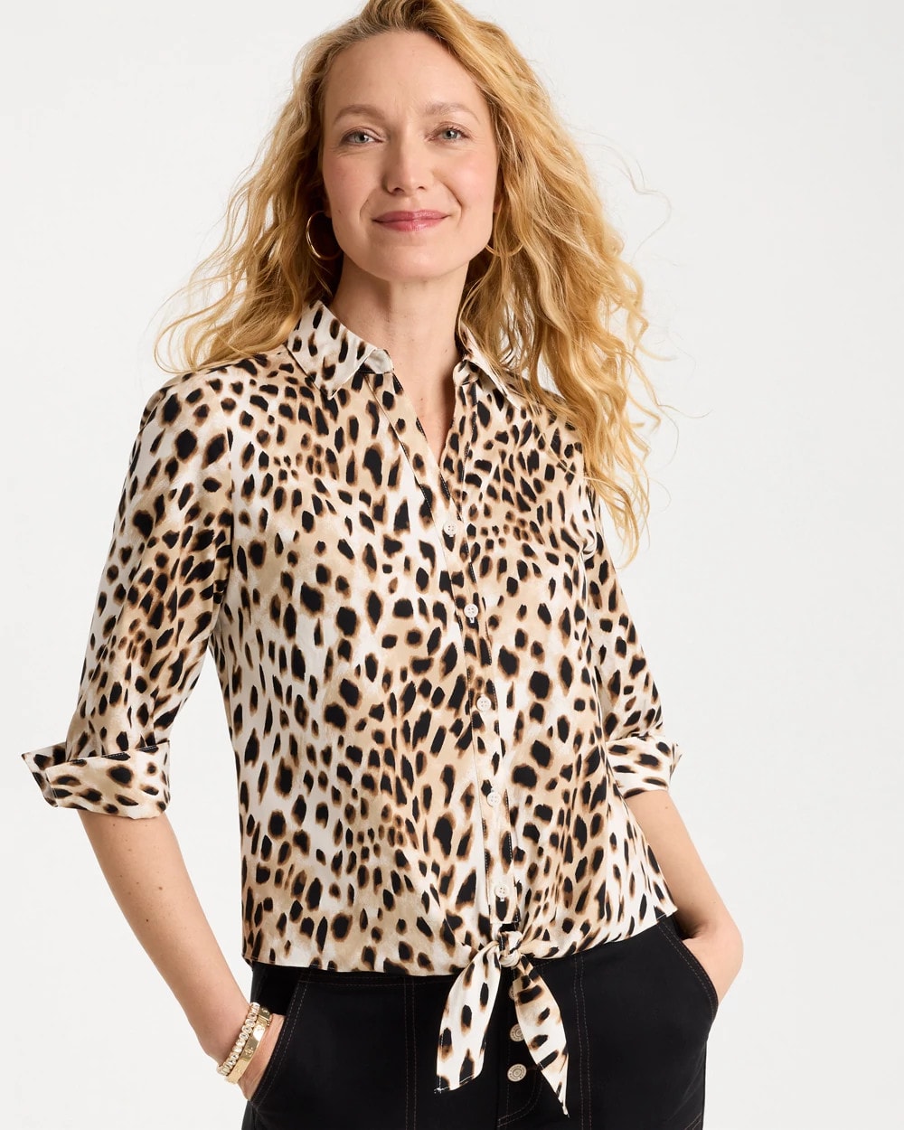 Chico's Poplin Cotton Animal Print Tie-Front Top