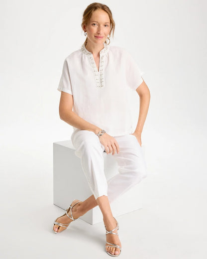Chico's Linen Embellished Popover Top