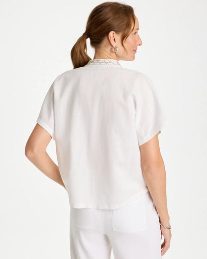Chico's Linen Embellished Popover Top