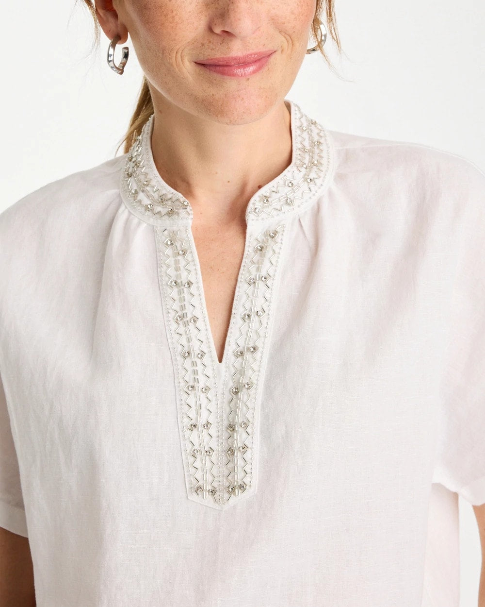 Chico's Linen Embellished Popover Top