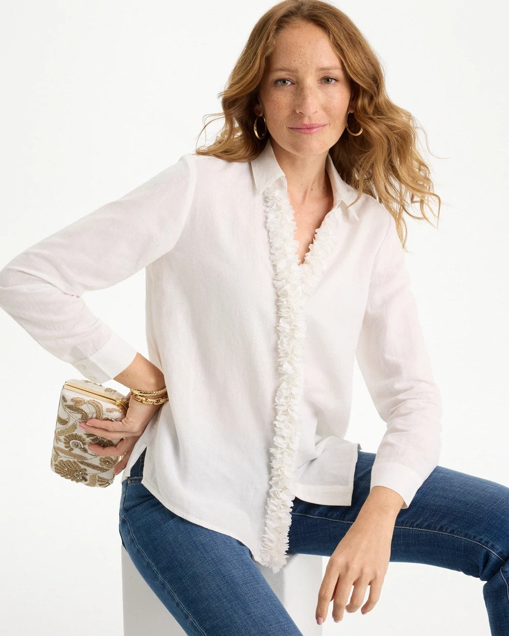 Chico's Linen Flower Embellished Blouse