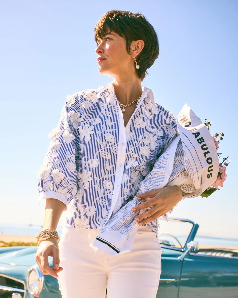 Chico's Cotton 3D Embroidered Striped Shirt