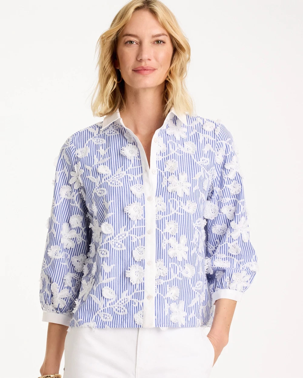 Chico's Cotton 3D Embroidered Striped Shirt