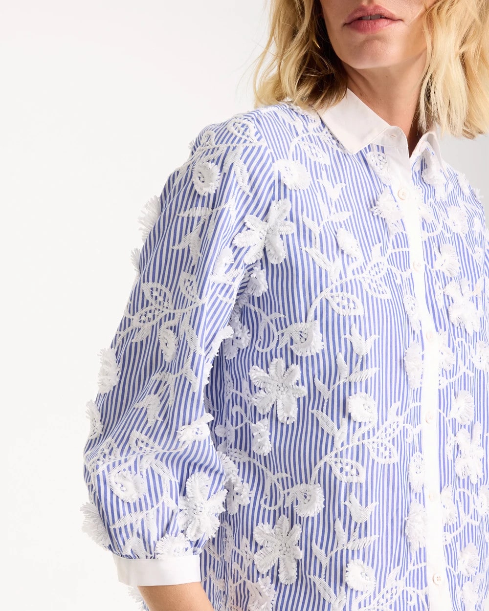 Chico's Cotton 3D Embroidered Striped Shirt