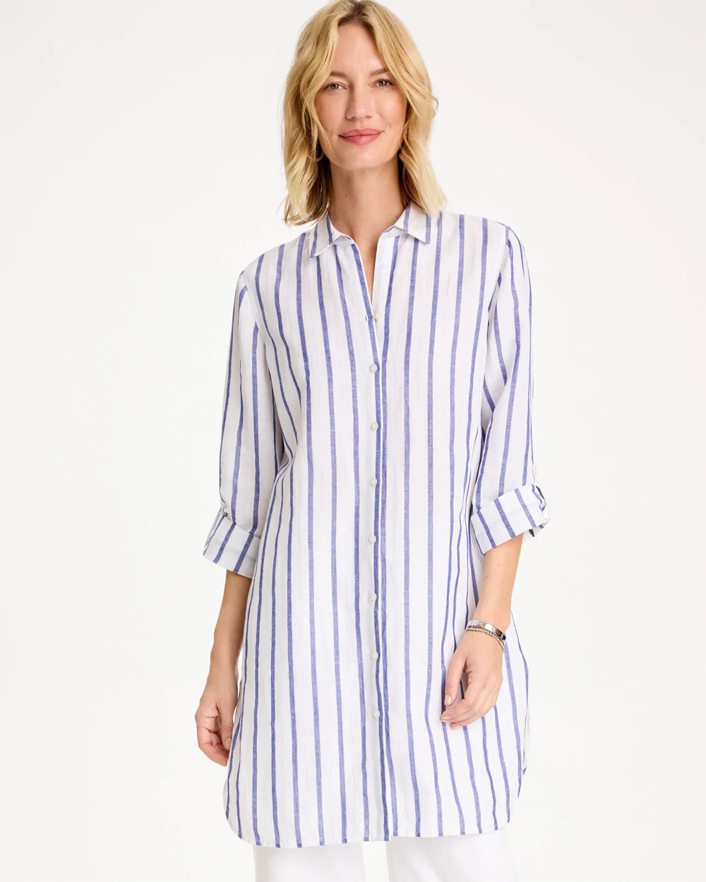 Chico's Linen Metallic Striped Duster Shirt