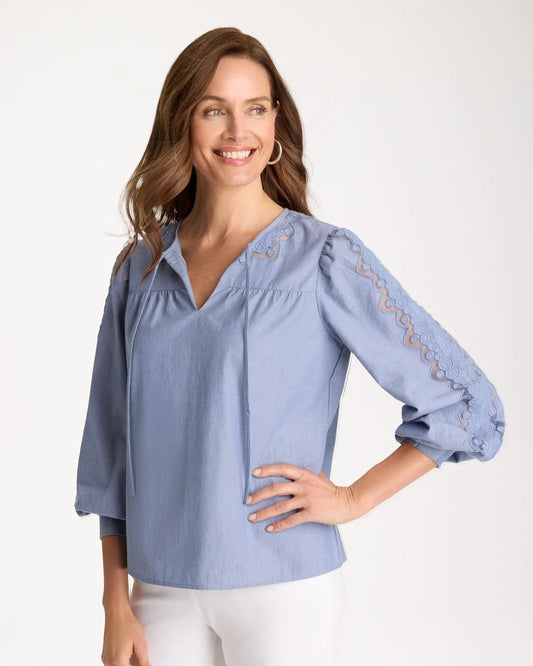 Chico's Chambray Lace Tie-Front Blouse