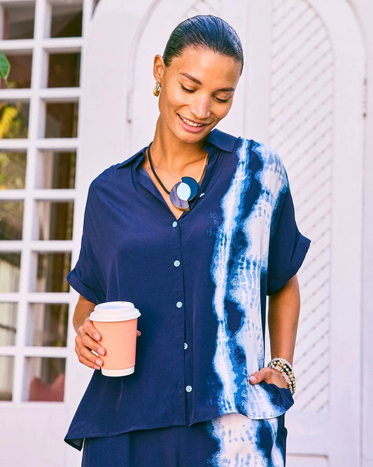 Chico's Faux Silk Henley Colorblock Top