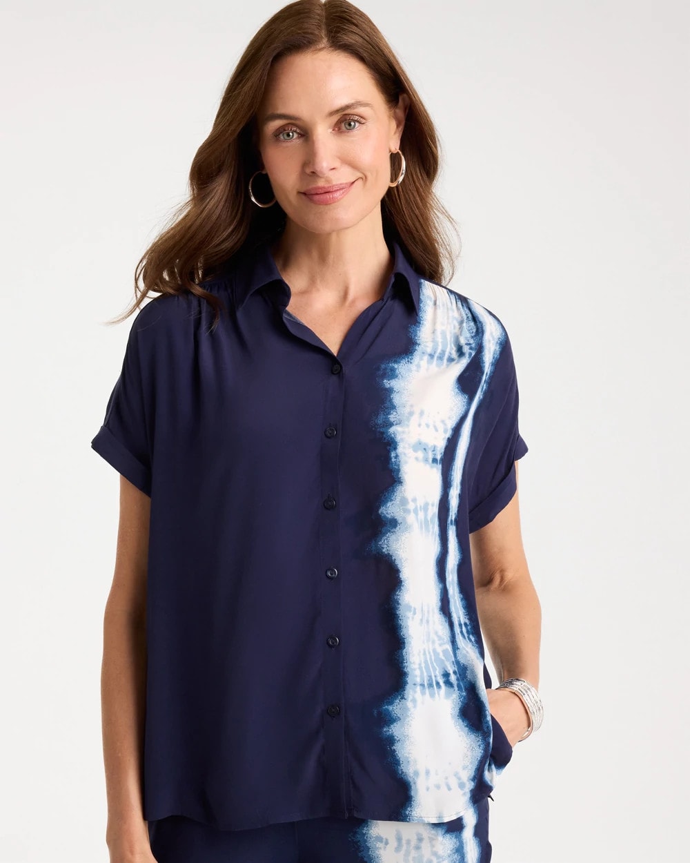 Chico's Faux Silk Henley Colorblock Top