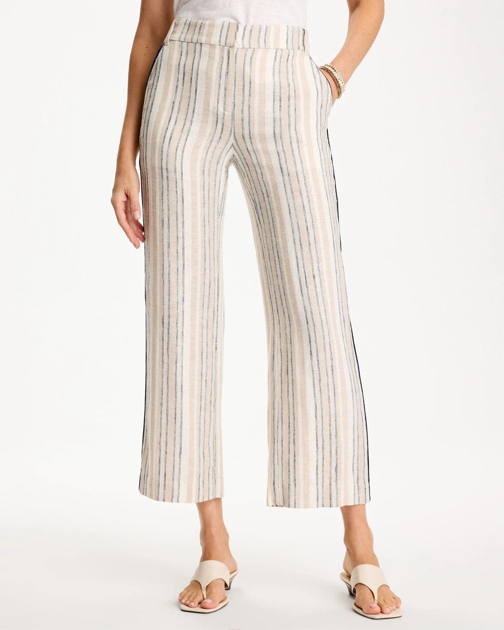 Chico's Striped Piped Linen Fly Front Pants
