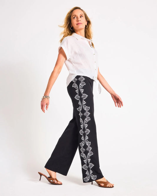 Chico's Embroidered Pull-On Wide-Leg Linen Pants