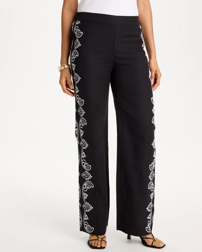 Chico's Embroidered Pull-On Wide-Leg Linen Pants