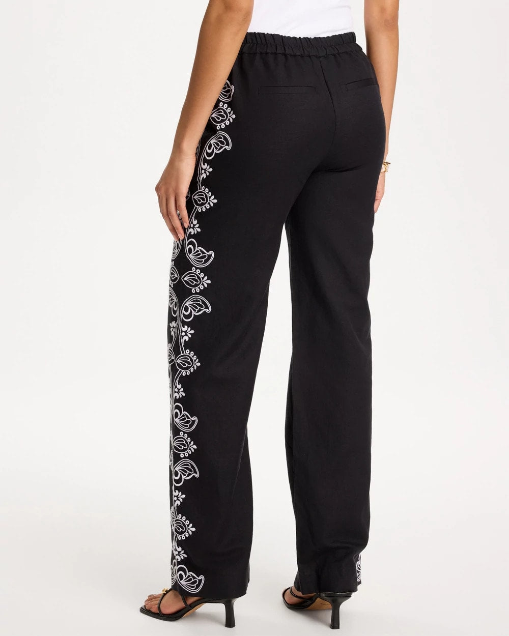 Chico's Embroidered Pull-On Wide-Leg Linen Pants