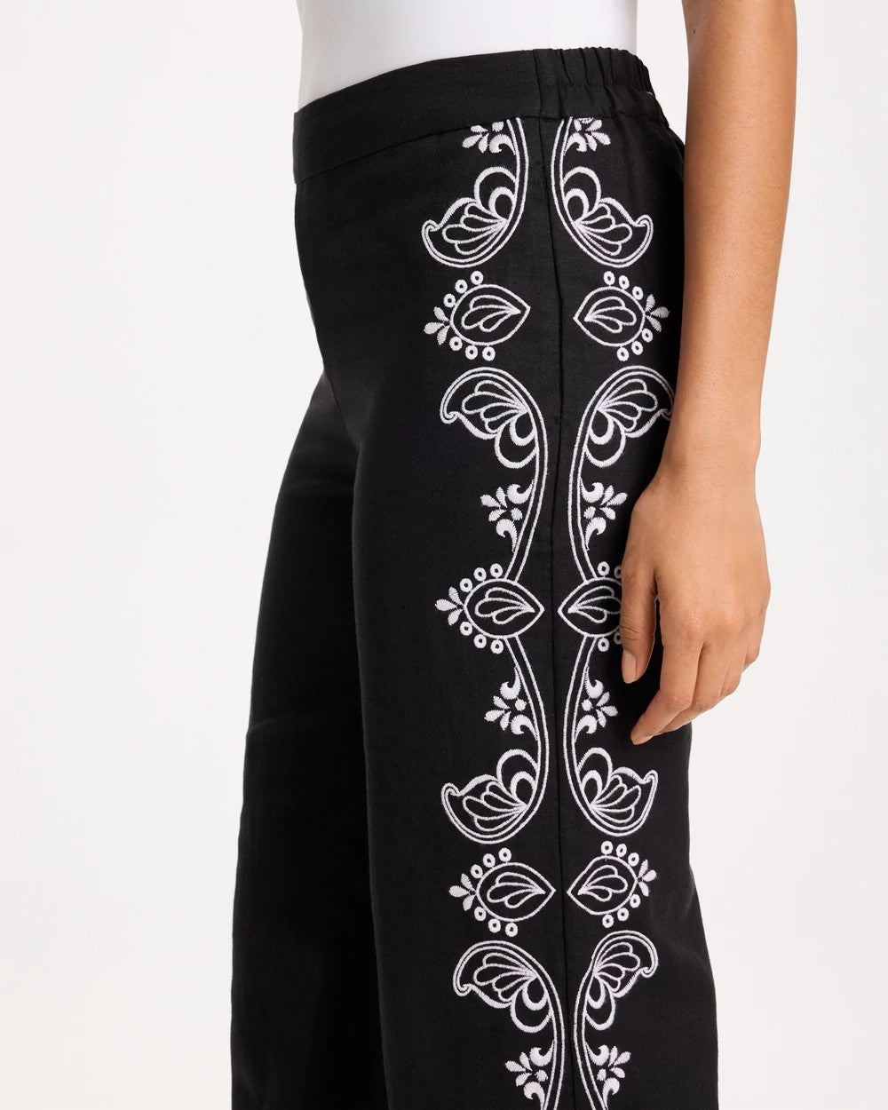 Chico's Embroidered Pull-On Wide-Leg Linen Pants