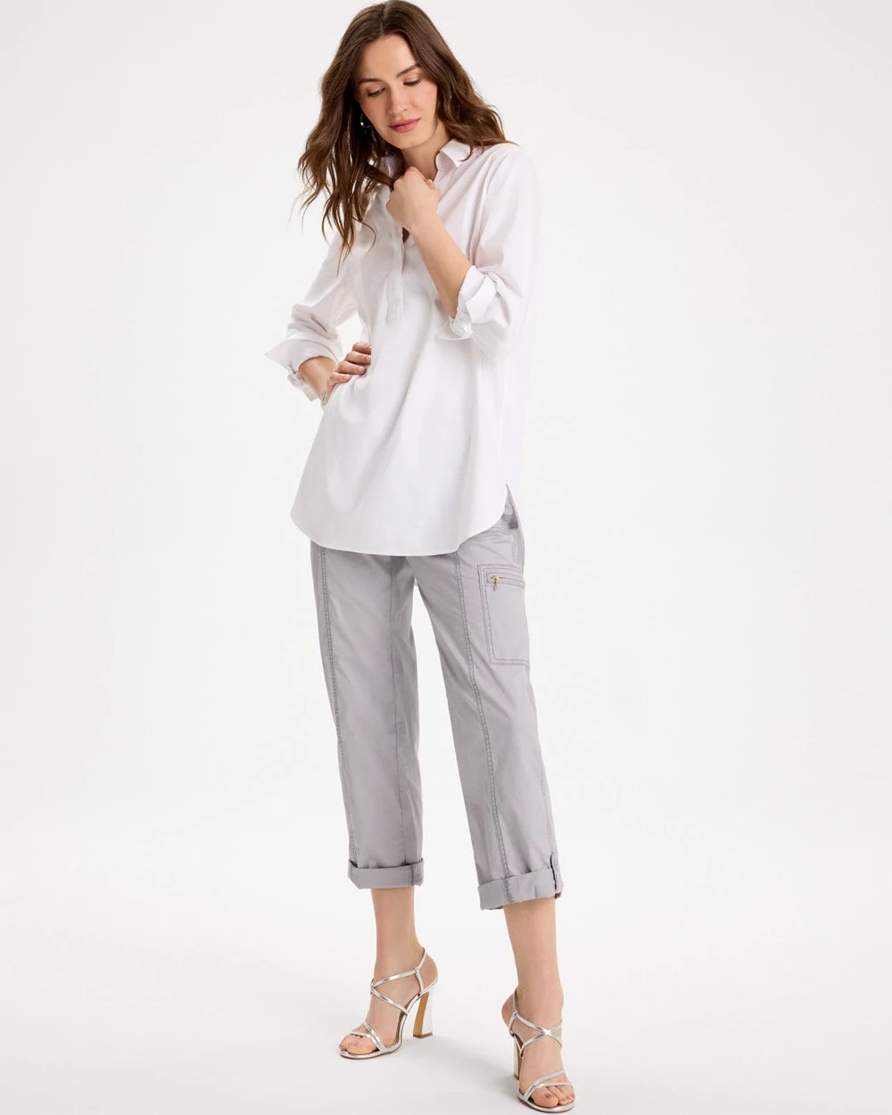 Chico's Poplin Cropped Roll Tab Pants