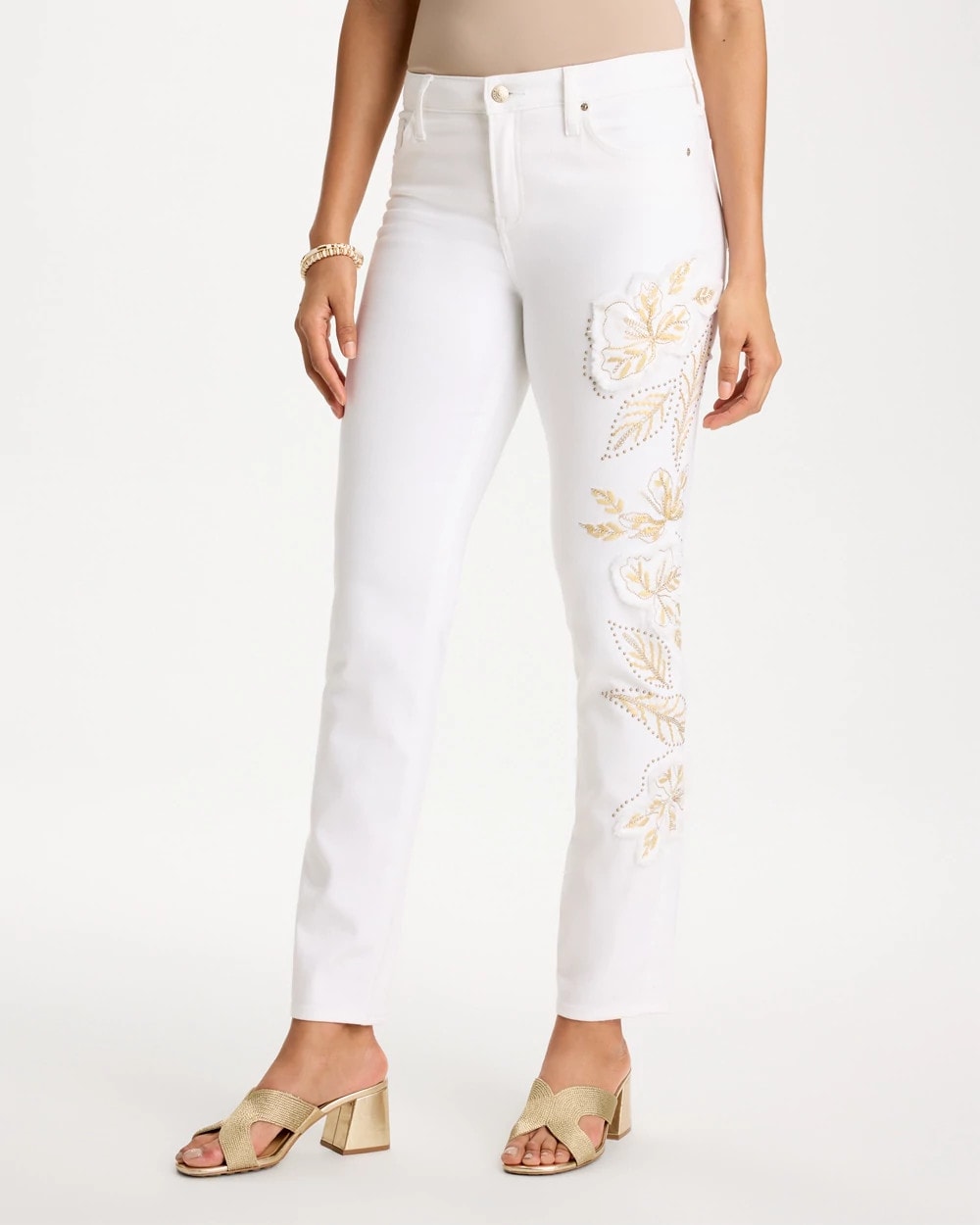 Chico's No Stain Girlfriend Floral Embellished Slim Ankle Jeans