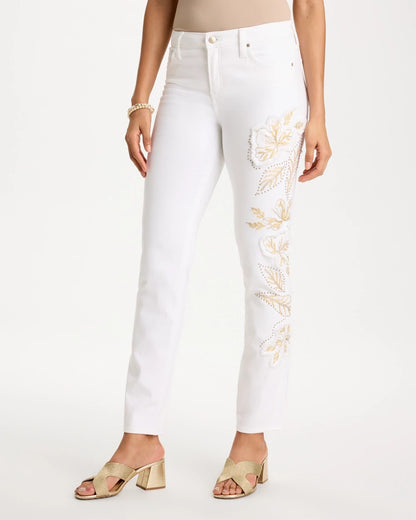 Chico's No Stain Girlfriend Floral Embellished Slim Ankle Jeans