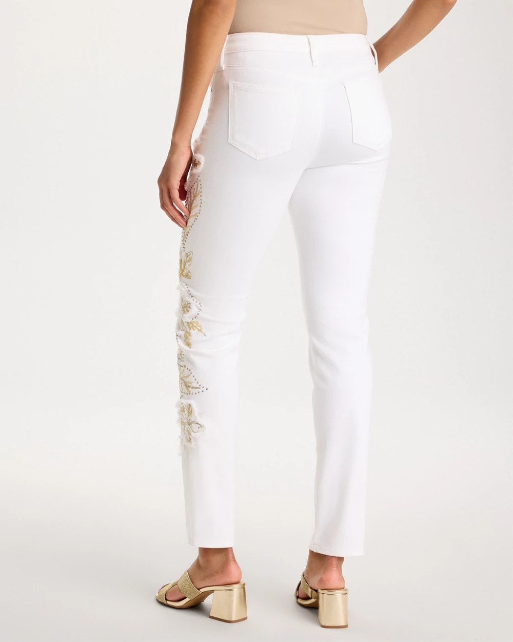 Chico's No Stain Girlfriend Floral Embellished Slim Ankle Jeans
