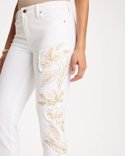 Chico's No Stain Girlfriend Floral Embellished Slim Ankle Jeans