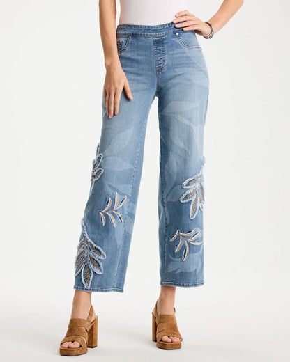 Chico's Tropical Embroidery Pull-On Wide Crop Jean