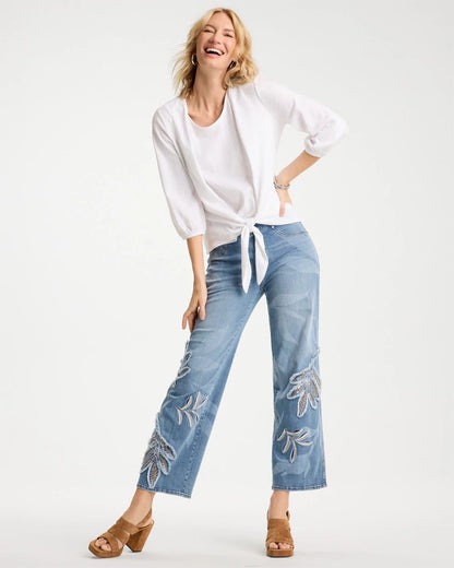 Chico's Tropical Embroidery Pull-On Wide Crop Jean