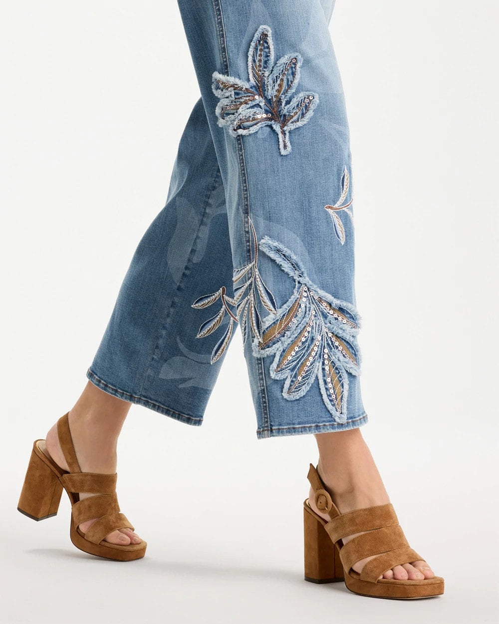 Chico's Tropical Embroidery Pull-On Wide Crop Jean