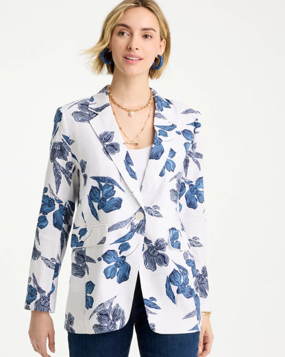 Chico's Linen Printed Piped Boyfriend Blazer