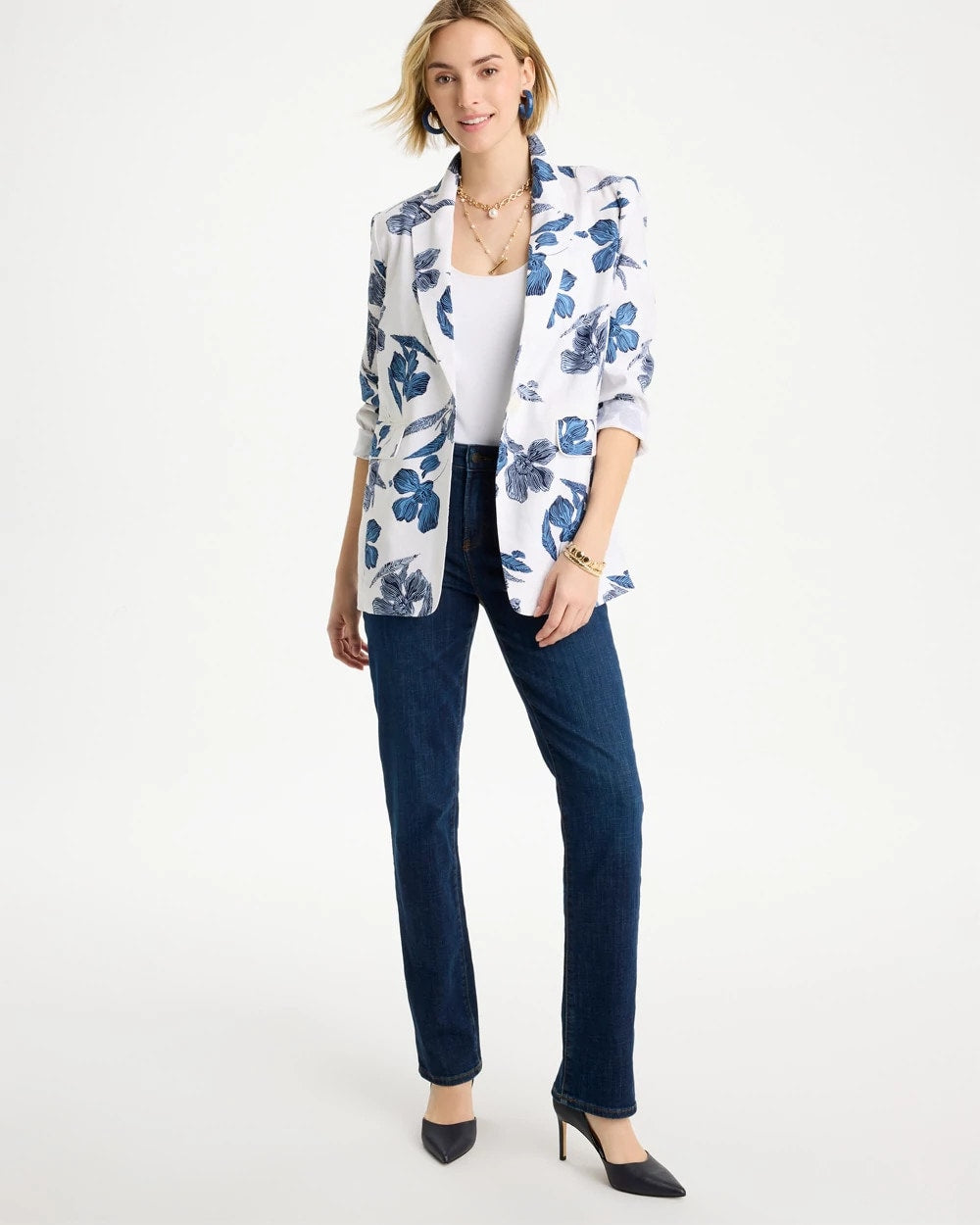 Chico's Linen Printed Piped Boyfriend Blazer